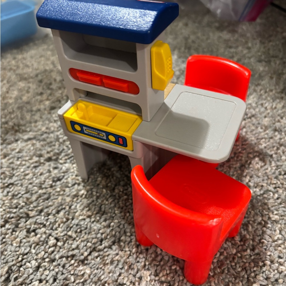 Vintage Little Tikes Doll Workbench with Red Chairs and Blue Top